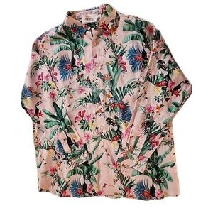 100% Linen Pink Green Hawaiian Shirt Magpies Tropical Jungle Dillard's NWT XL